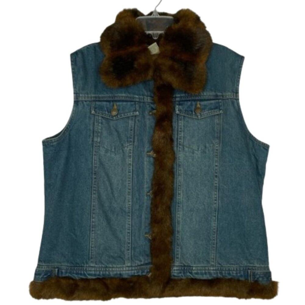 Vintage St. John's Bay denim vest with faux fur trim women's size Large